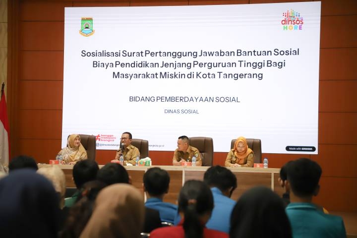 Foto: Dinas Sosial saat menyelenggarakan kegiatan Sosialisasi Surat Pertanggungjawaban (SPJ) Bantuan Sosial Biaya Pendidikan Jenjang Perguruan Tinggi Bagi Masyarakat Miskin Tahun Anggaran 2026, di Ruang Al Amanah Lantai 5 Puspem Kota Tangerang, Selasa (27/1/26).